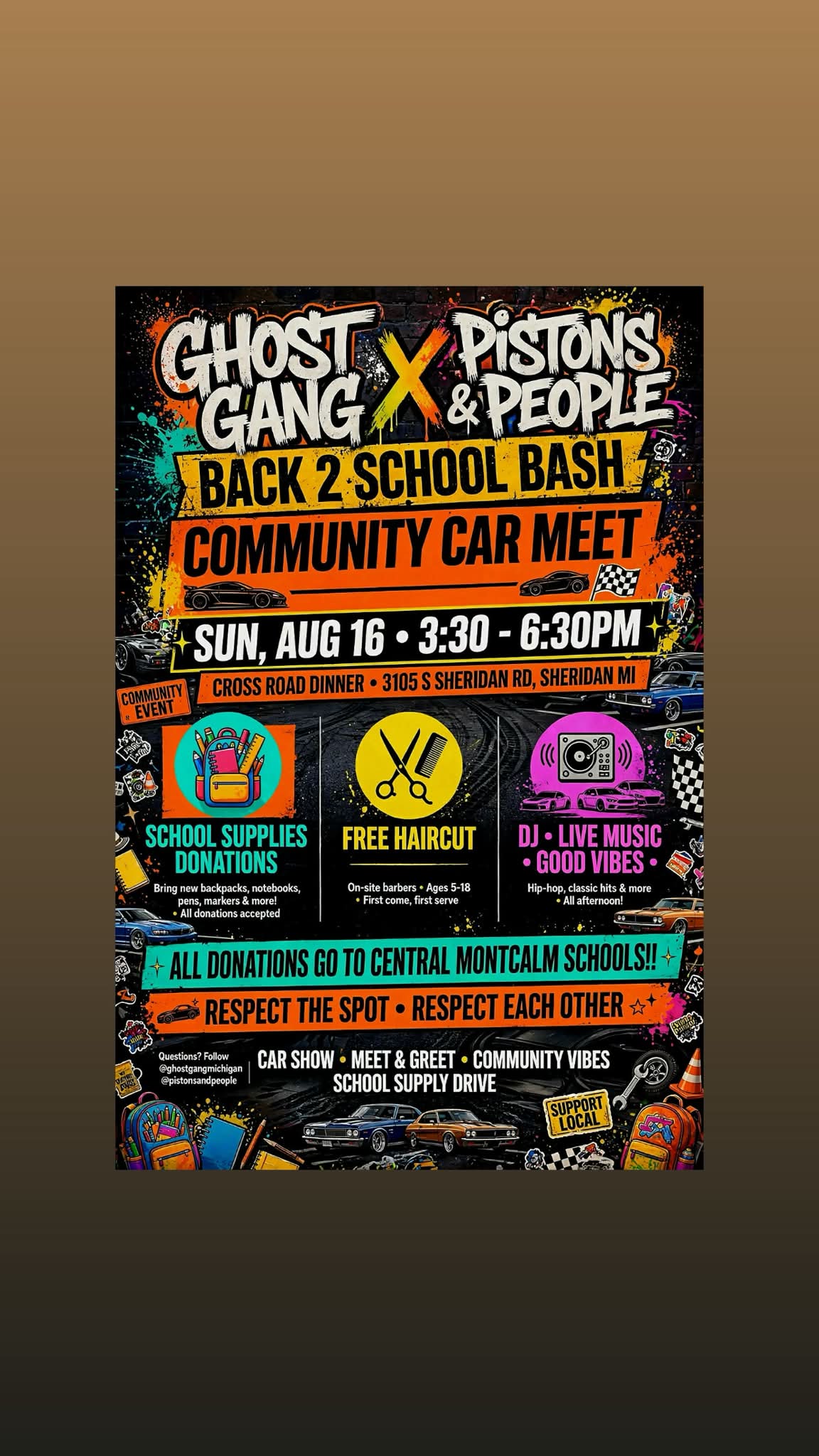 Ghost Gang X Pistons & People Back 2 School Bash event at Cross Road Diner in Sheridan, MI on August 16, 2026