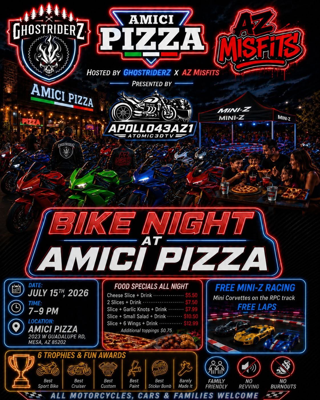 Ghostriderz x AZ Misfits Bike Night at Amici Pizza event at Amici Pizza in Mesa, AZ on July 15, 2026