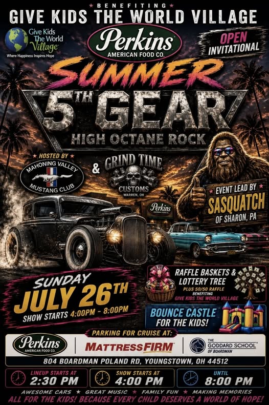 Give Kids the World Village Summer Car Show event at Perkins American Food Co. in Youngstown, OH on July 26, 2026