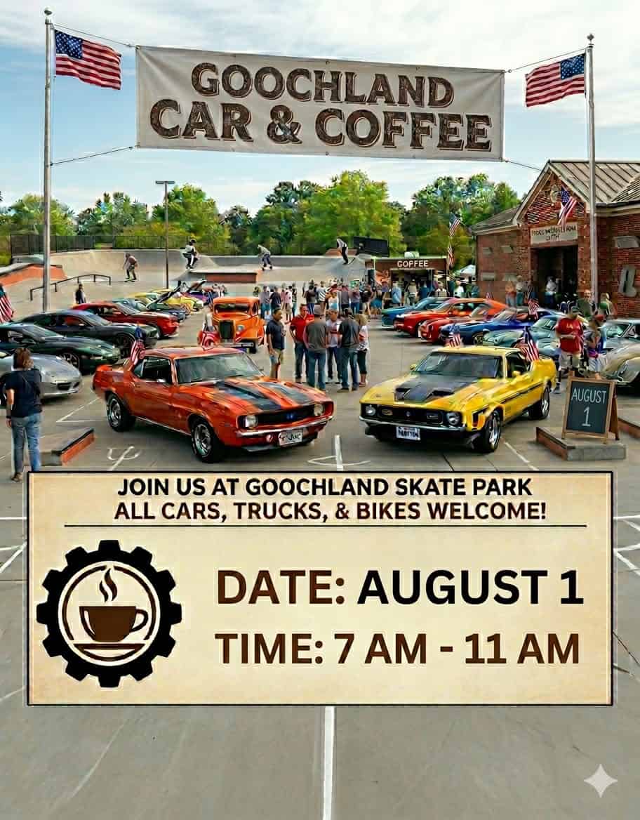 Goochland Cars and Coffee event at Goochland Skate Park in Goochland, VA on August 1, 2026