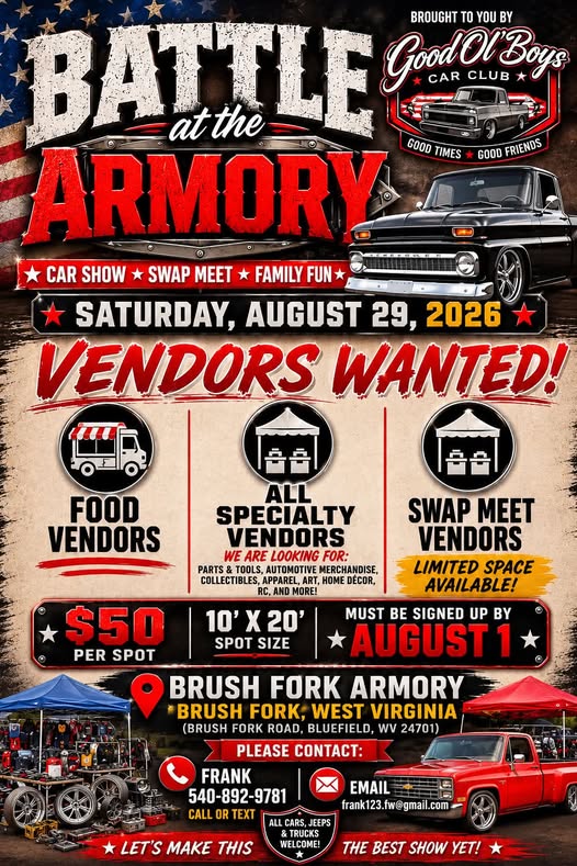 Good Ol Boys Battle Armory Car Show Swap Meet event at Brush Fork Armory in Bluefield, WV on August 29, 2026