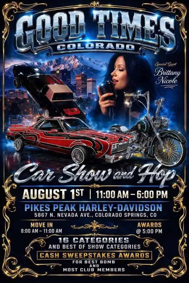 Good Times Car Show and Hop event at Pikes Peak Harley-Davidson in Colorado Springs, CO on August 1, 2026