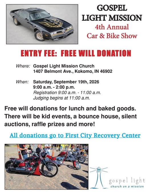 Gospel Light Mission Car & Bike Show event at Gospel Light Mission Church in Kokomo, IN on September 19, 2026