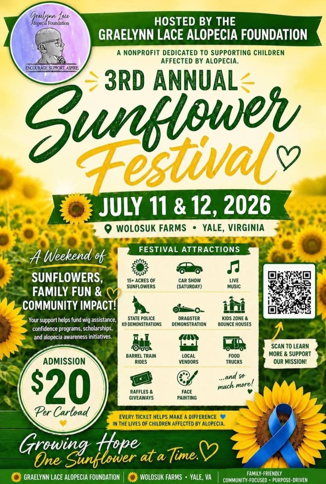 Graelynn Lace Alopecia Foundation 3rd Annual Sunflower Festival event at Wolosuk Farms in Yale, VA on July 11, 2026
