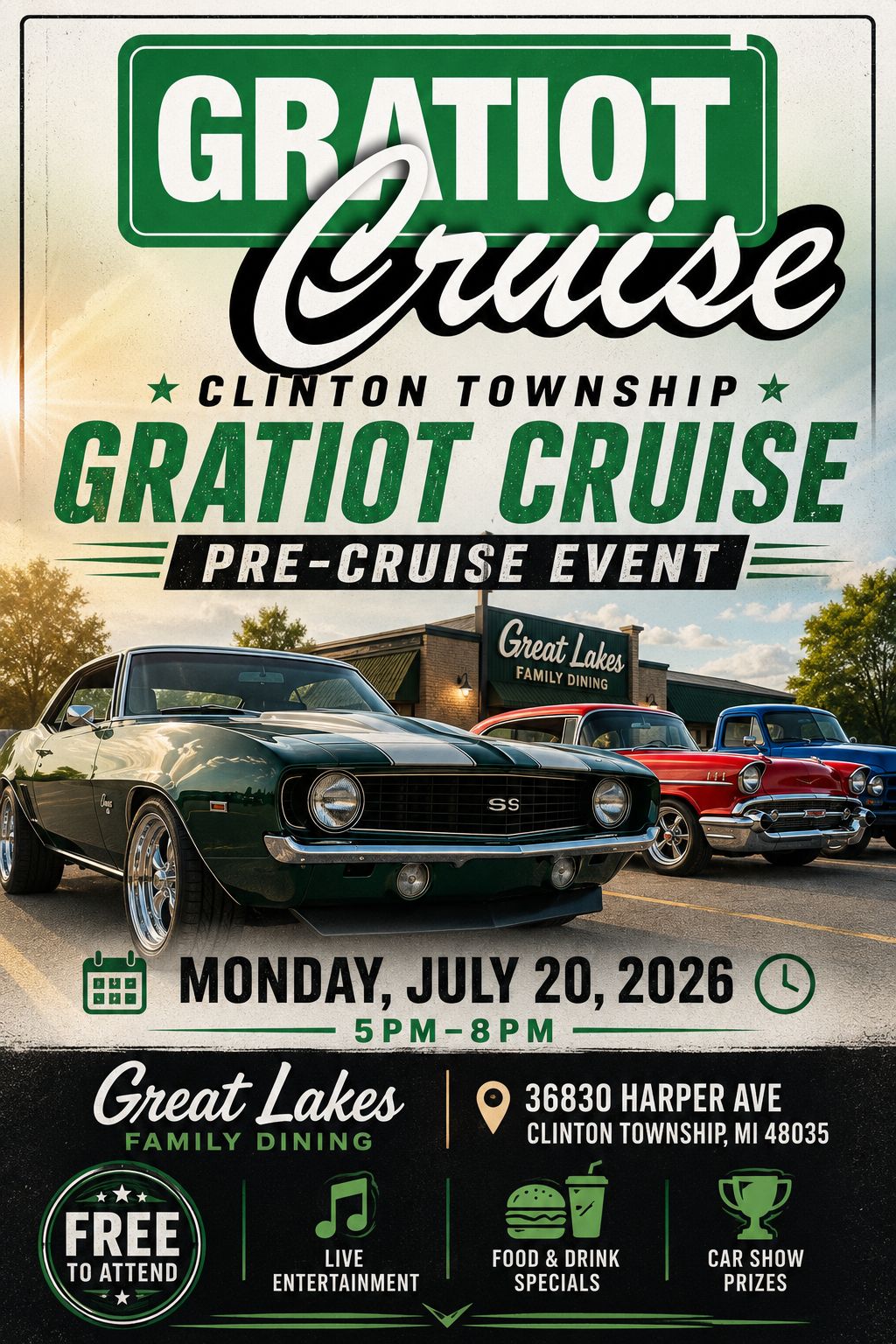 Gratiot Cruise Pre-Cruise Event at Great Lakes Family Dining event at Great Lakes Family Dining in Clinton Township, MI on July 20, 2026