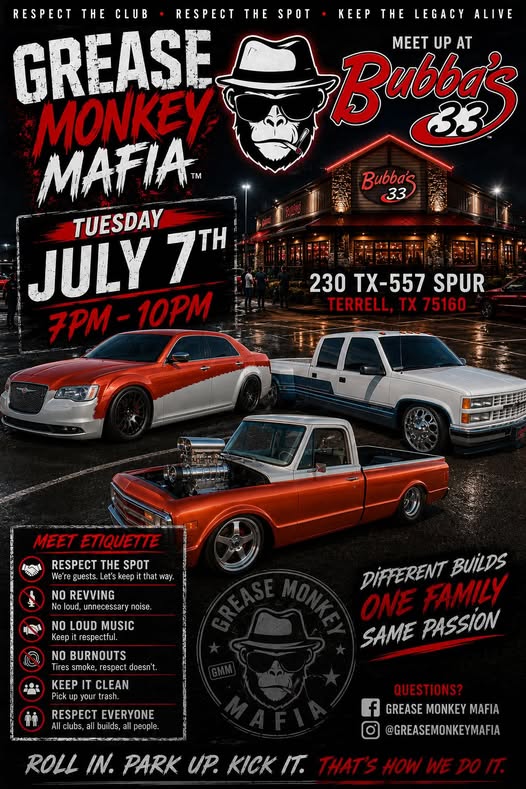 Grease Monkey Mafia Tuesday Meet event at Bubba's 33 in Terrell, TX on July 7, 2026