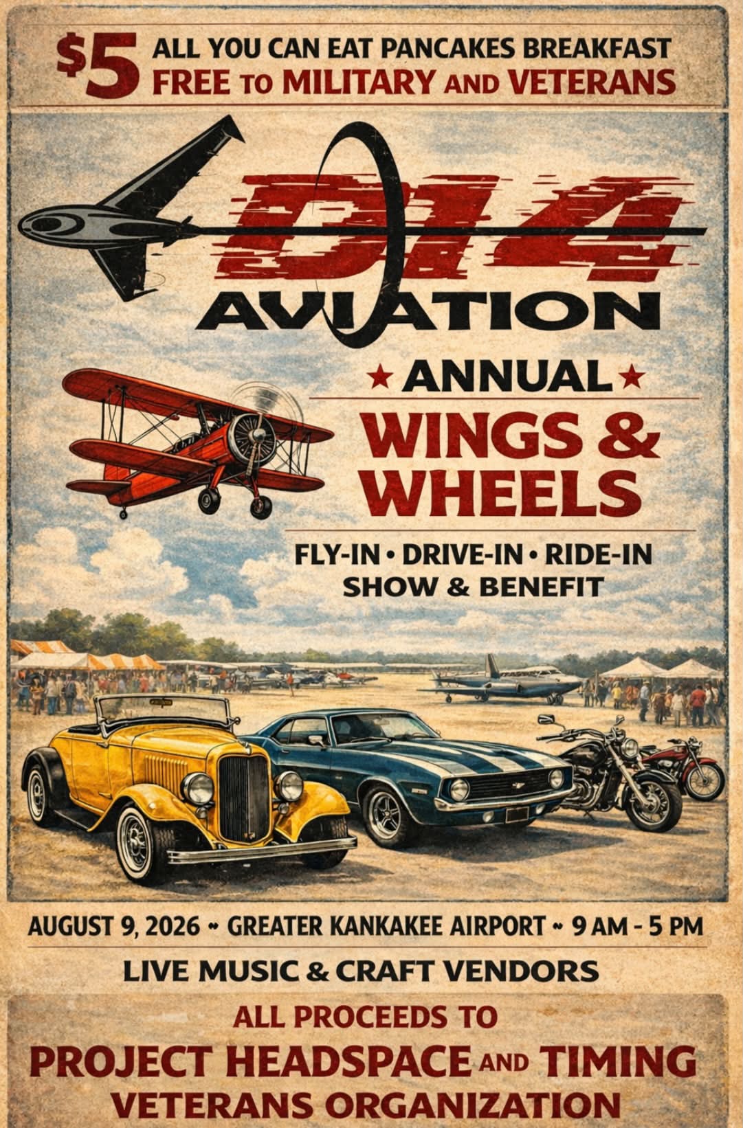 Greater Kankakee Airport Aviation Wings & Wheels Fly-In Drive-In Ride-In Show & Benefit event at Greater Kankakee Airport in Kankakee, IL on August 9, 2026