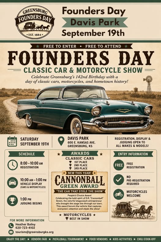 Greensburg Founders Day Classic Car & Motorcycle Show event at Davis Park in Greensburg, KS on September 19, 2026