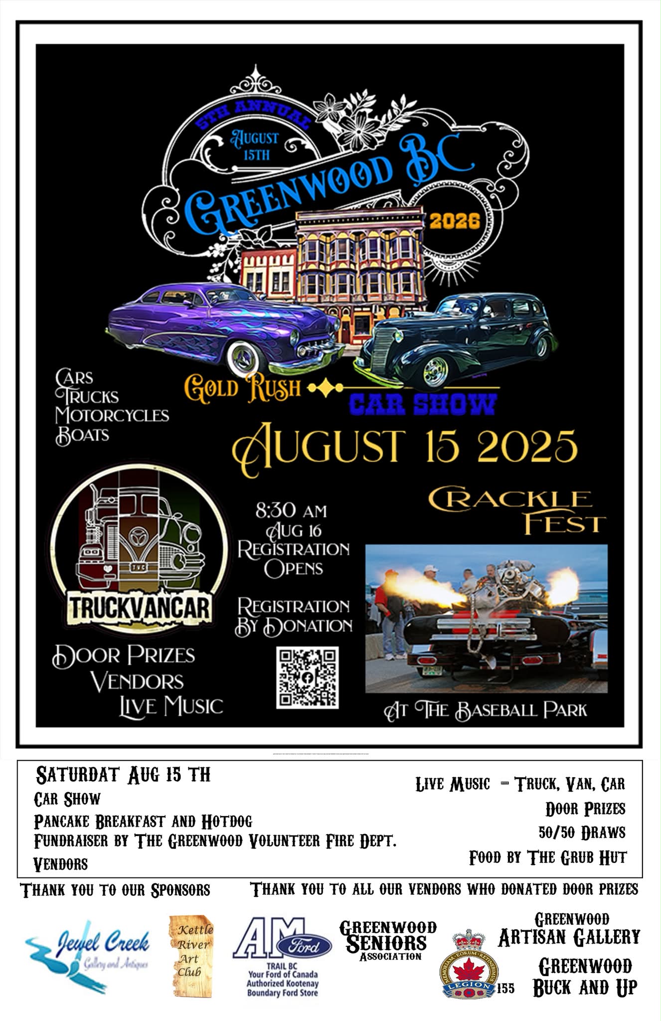 Greenwood Gold Rush Car Show event at Historic Greenwood in Greenwood, BC on August 15, 2026