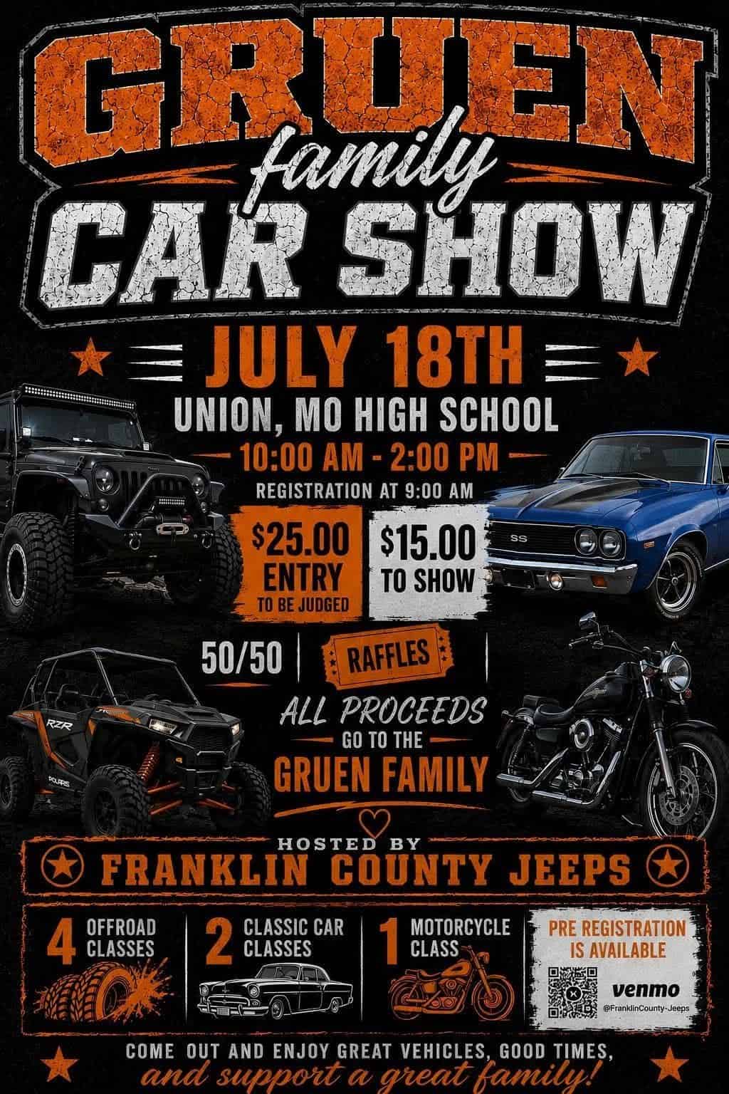 Gruen Family Car Show event at Union High School in Union, MO on July 18, 2026