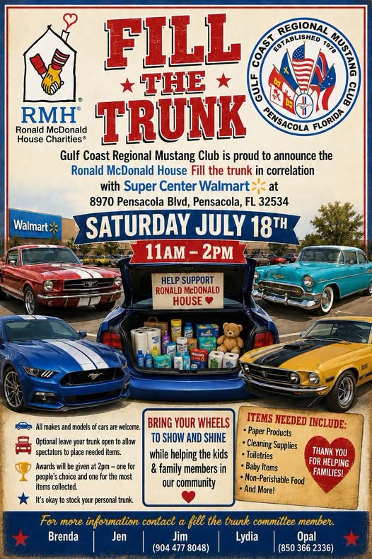 Gulf Coast Regional Mustang Club Ronald McDonald House Fill the Trunk event at Walmart Supercenter in Pensacola, FL on July 18, 2026