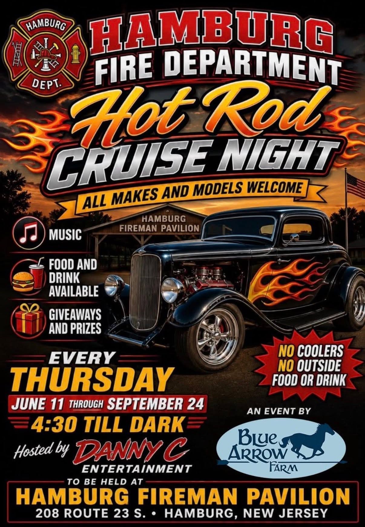 Hamburg Fire Department Hot Rod Cruise Night event at Hamburg Fireman Pavilion in Hamburg, NJ on July 9, 2026