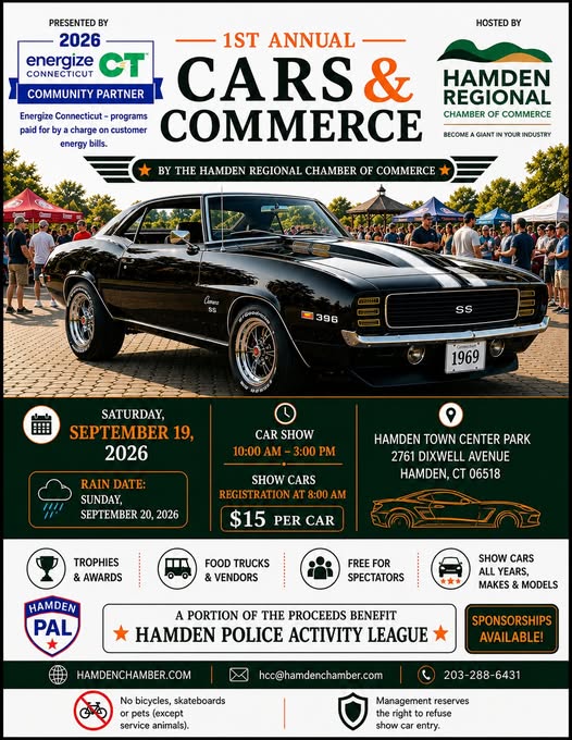 Hamden Regional Chamber of Commerce 1st Annual Cars & Commerce Car Show event at Hamden Town Center Park in Hamden, CT on September 19, 2026