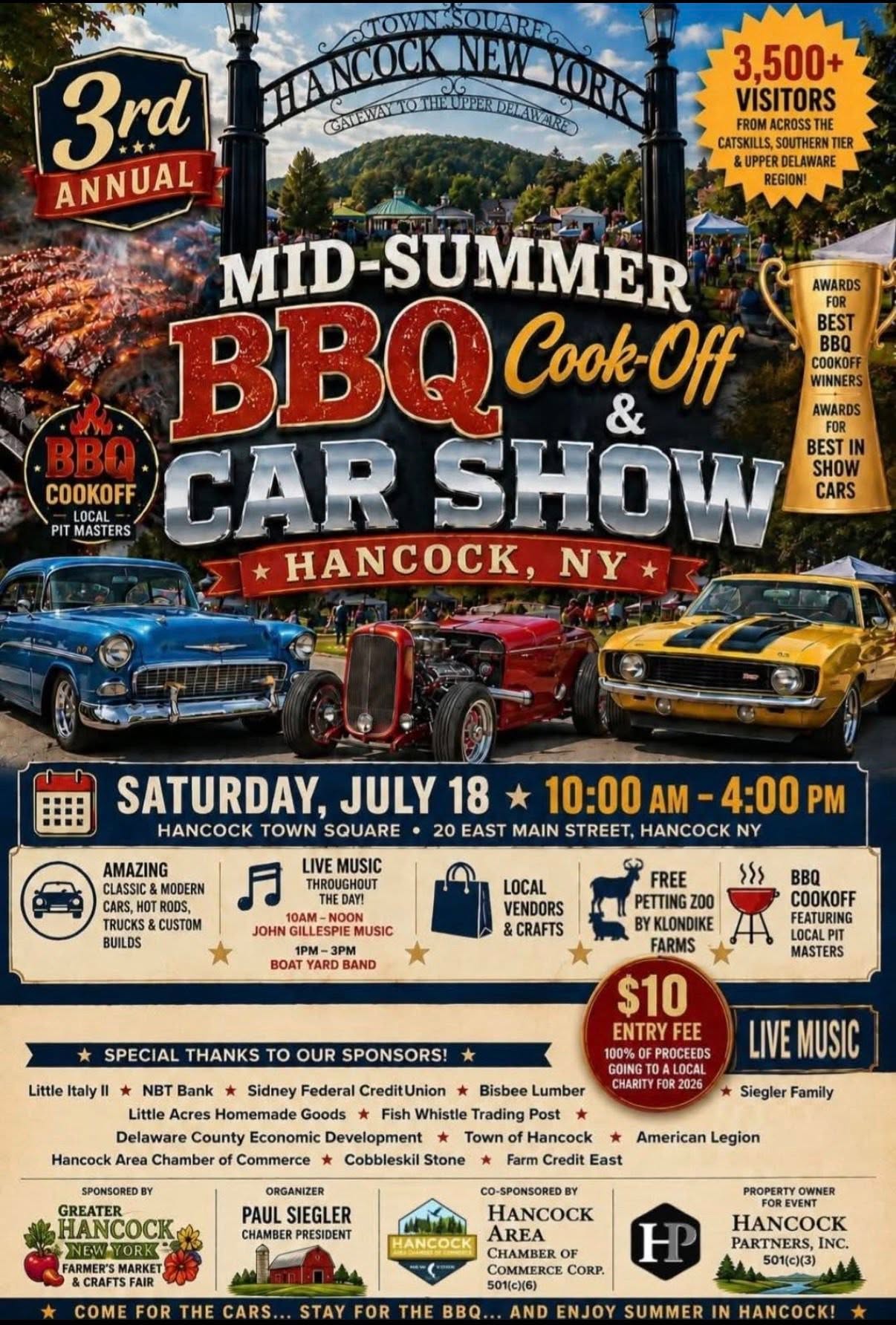 Hancock Mid-Summer BBQ Cook-Off & Car Show event at Hancock Town Square in Hancock, NY on July 18, 2026