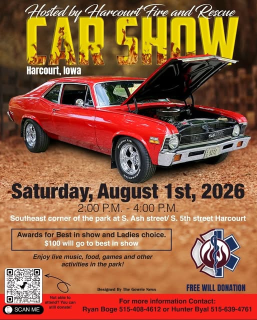 Harcourt Fire and Rescue Car Show event at S. Ash Street and S. 5th Street in Harcourt, IA on August 1, 2026