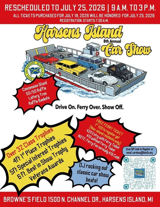 Harsens Island 8th Annual Car Show event at Browne's Field in Harsens Island, MI on July 25, 2026