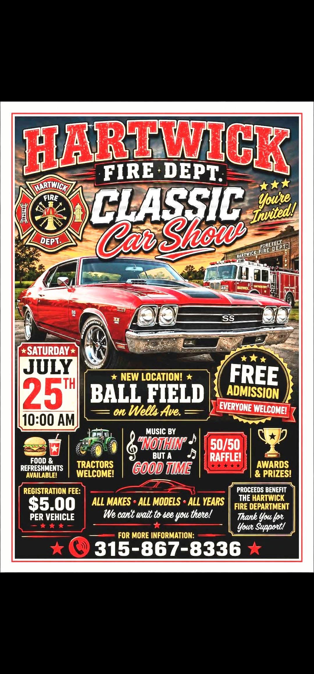 Hartwick Fire Dept. Classic Car Show event at Ball Field on Wells Ave. in Hartwick, NY on July 25, 2026