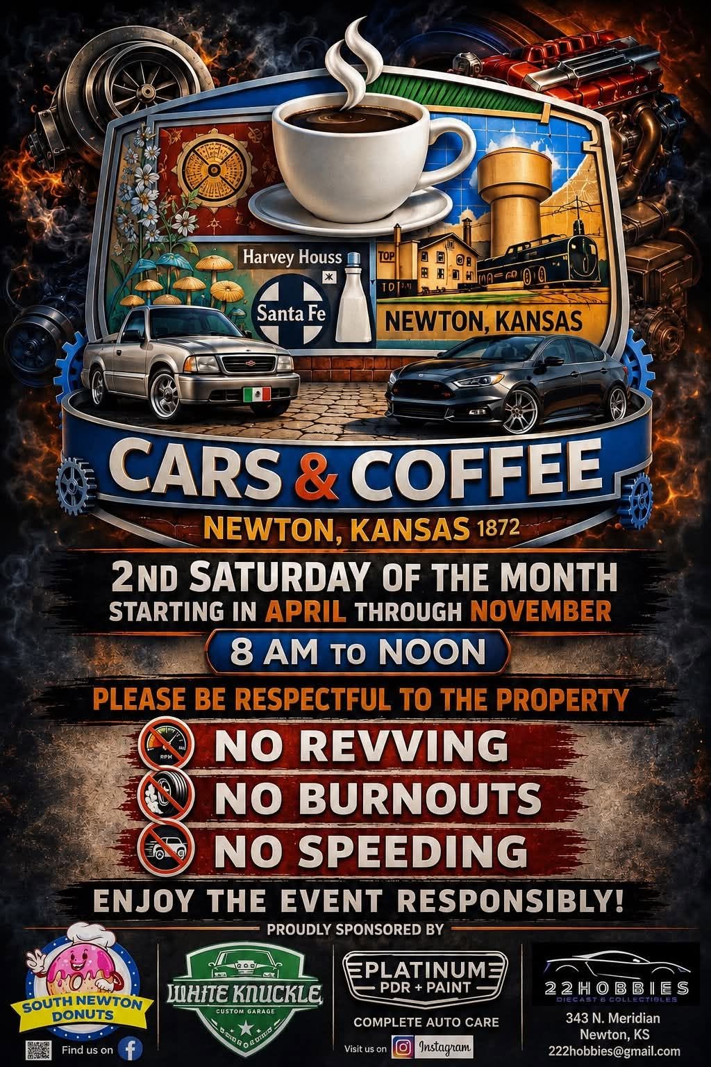 Harvey House Cars & Coffee event at Harvey House in Newton, KS on August 8, 2026
