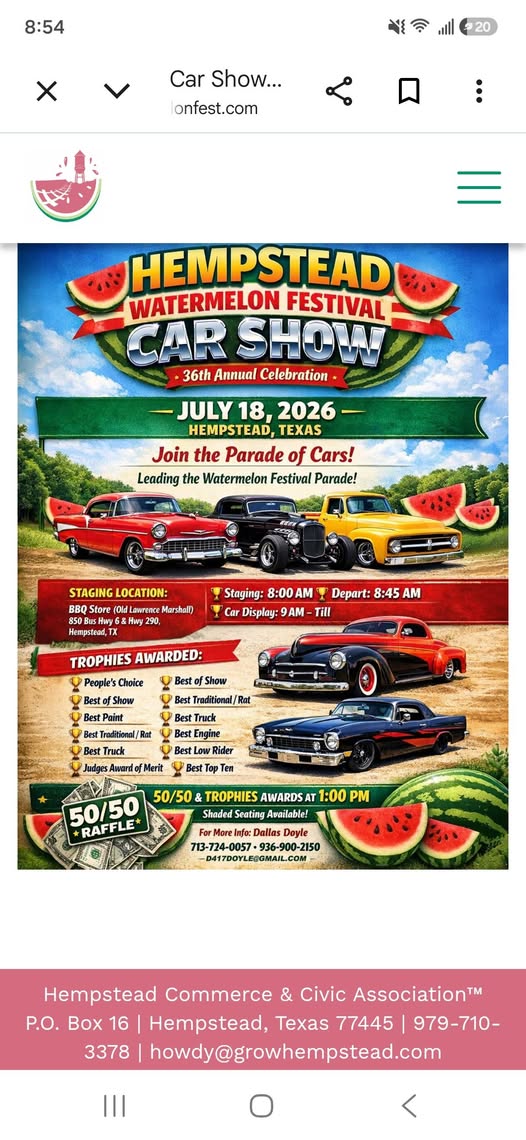 Hempstead Watermelon Festival Car Show event at BBQ Store (Old Lawrence Marshall) in Hempstead, TX on July 18, 2026