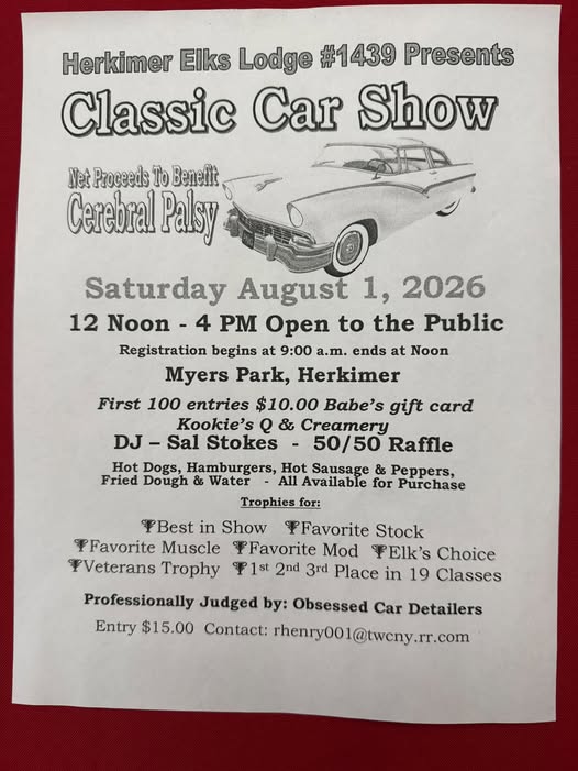 Herkimer Elks Lodge #1439 Classic Car Show event at Myers Park in Herkimer, NY on August 1, 2026