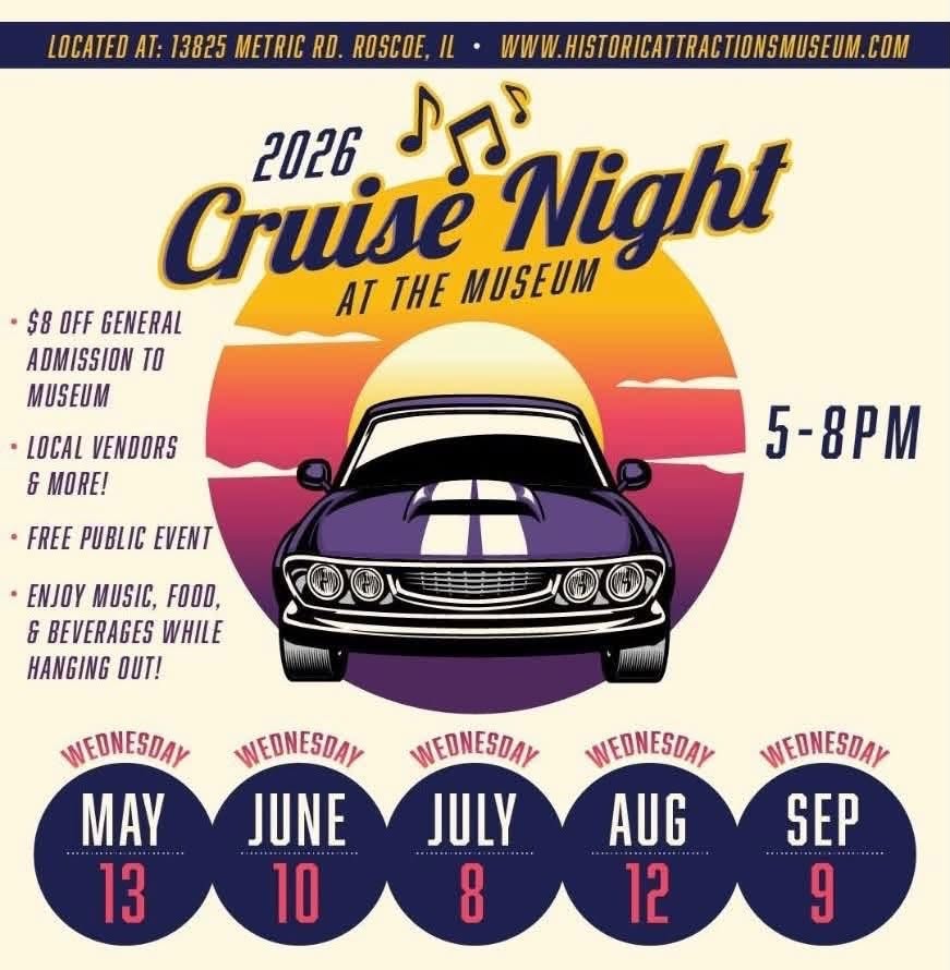 Historic Auto Attractions Museum Cruise Night event at Historic Auto Attractions Museum in Roscoe, IL on July 9, 2026