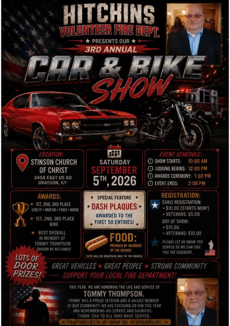 Hitchins Volunteer Fire Department Car & Bike Show event at Stinson Church of Christ in Grayson, KY on September 5, 2026