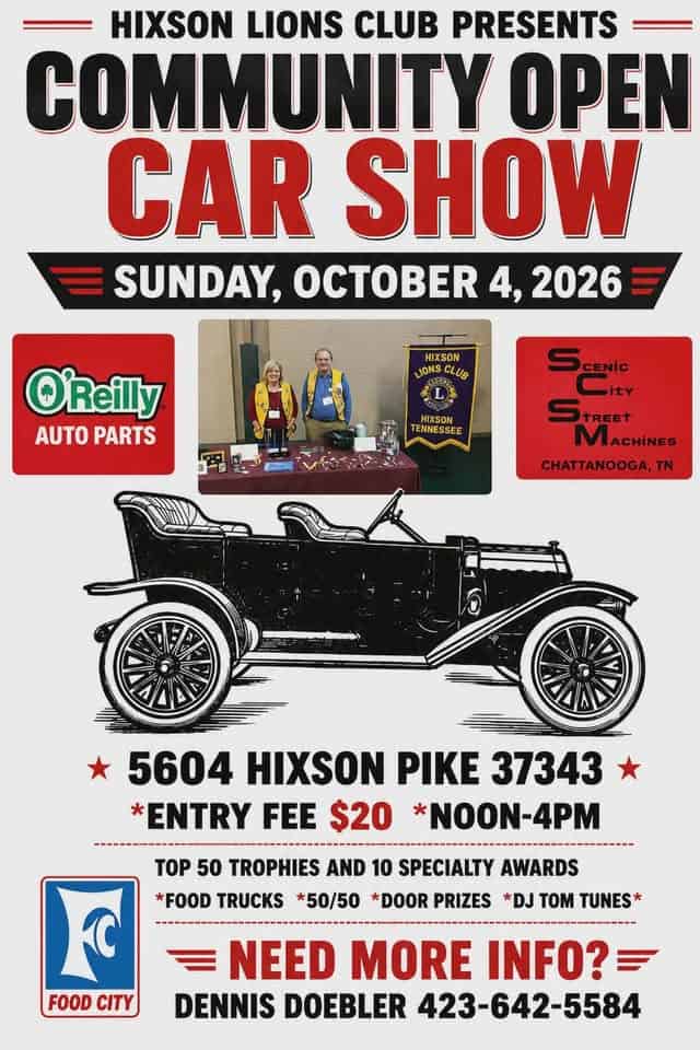 Hixson Lions Club 6th Annual Community Open Car Show event at Food City in Hixson, TN on October 4, 2026