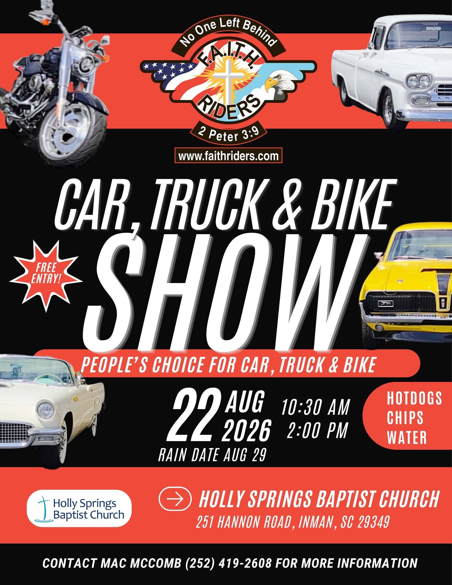 Holly Springs Baptist Church F.A.I.T.H. Riders Car, Truck & Bike Show event at Holly Springs Baptist Church in Inman, SC on August 22, 2026