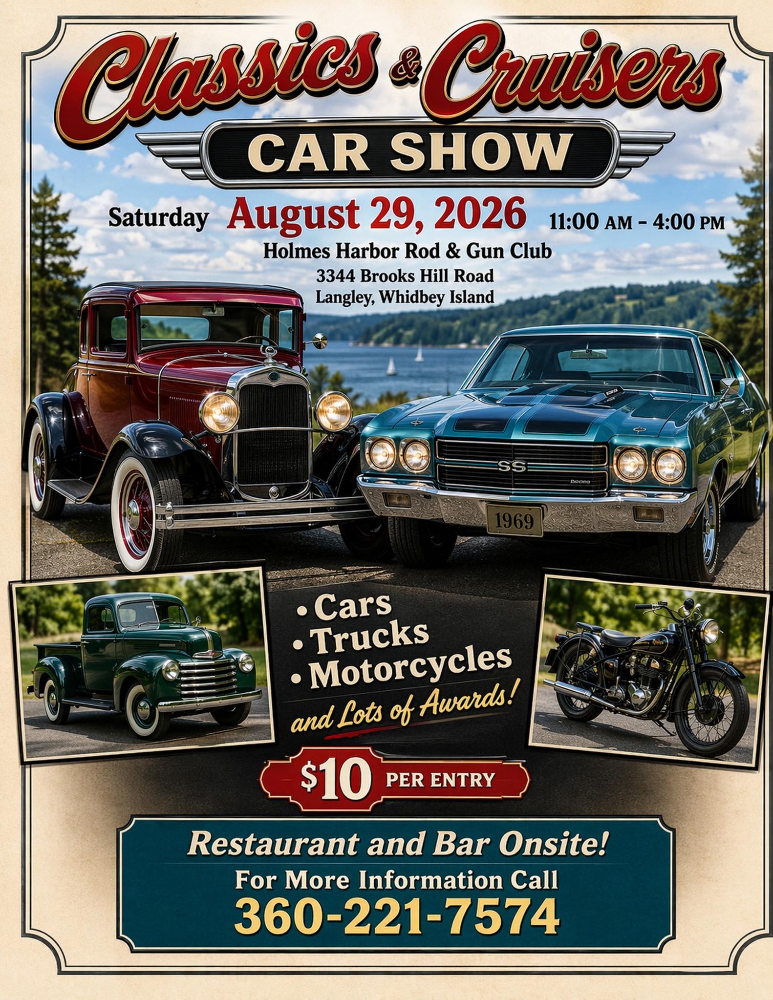 Holmes Harbor Rod & Gun Club Classics & Cruisers Car Show event at Holmes Harbor Rod & Gun Club in Langley, WA on August 29, 2026