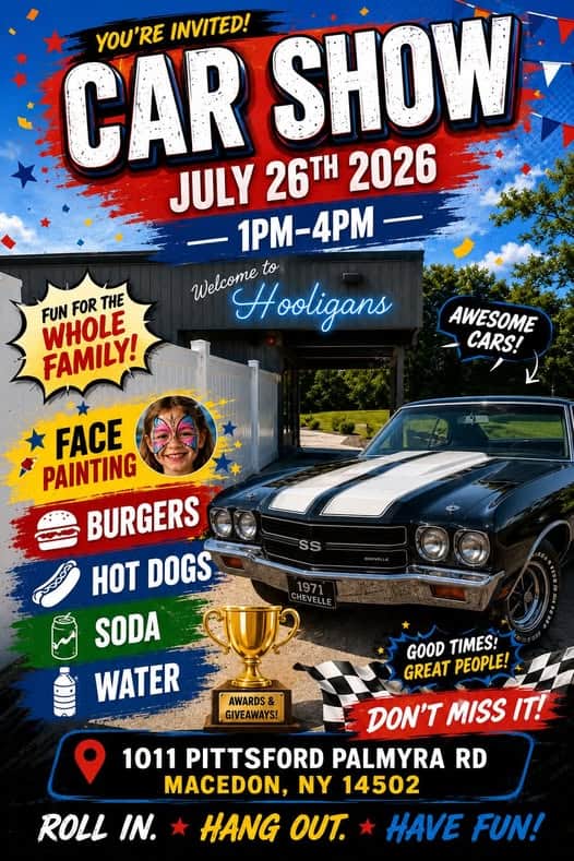 Hooligans Car Show event at Hooligans in Macedon, NY on July 26, 2026