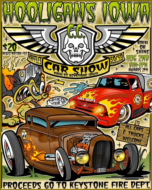 Hooligans Iowa Car Show event at Main St. in Keystone, IA on August 2, 2026
