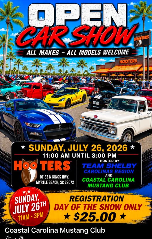 Hooters Team Shelby Carolinas Region Open Car Show event at Hooters in Myrtle Beach, SC on July 26, 2026