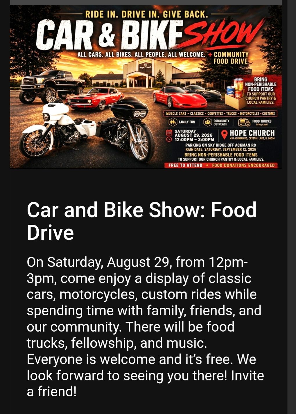 Hope Church Car & Bike Show Food Drive event at Hope Church in Crystal Lake, IL on August 29, 2026