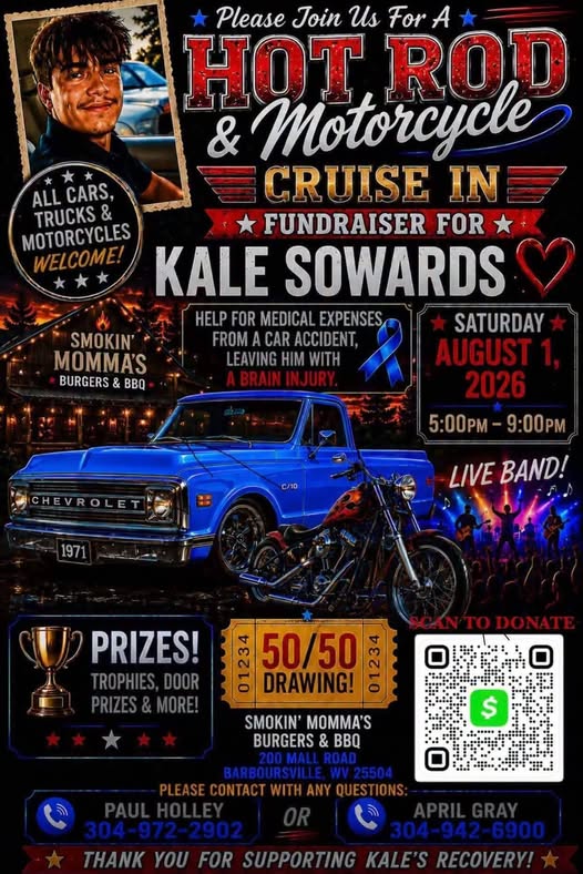Hot Rod Motorcycle & Cruise in Fundraiser for Kale Sowards event at Smokin' Momma's Burgers & BBQ in Barboursville, WV on August 1, 2026