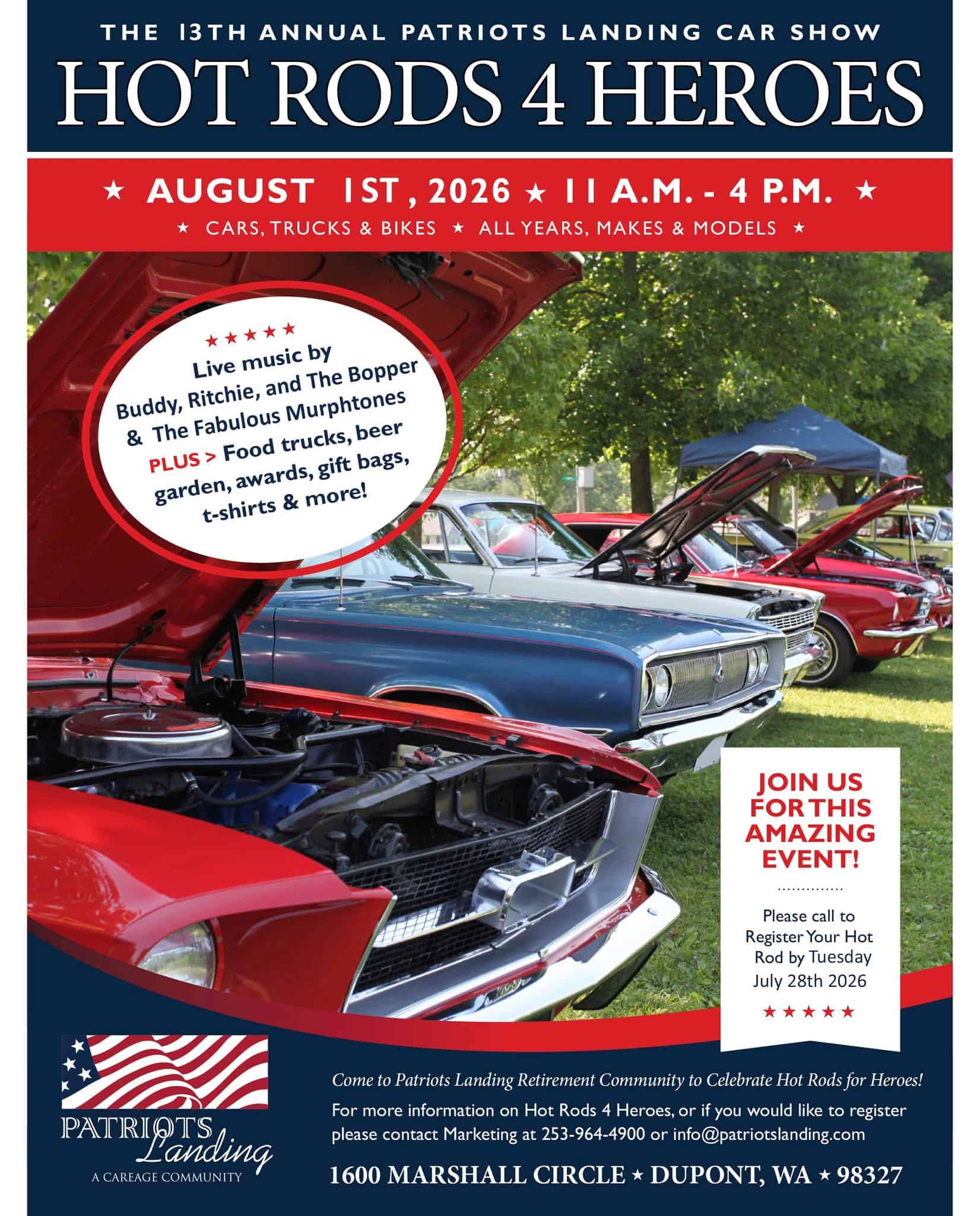 Hot Rods 4 Heroes event at Patriots Landing in DuPont, WA on August 1, 2026