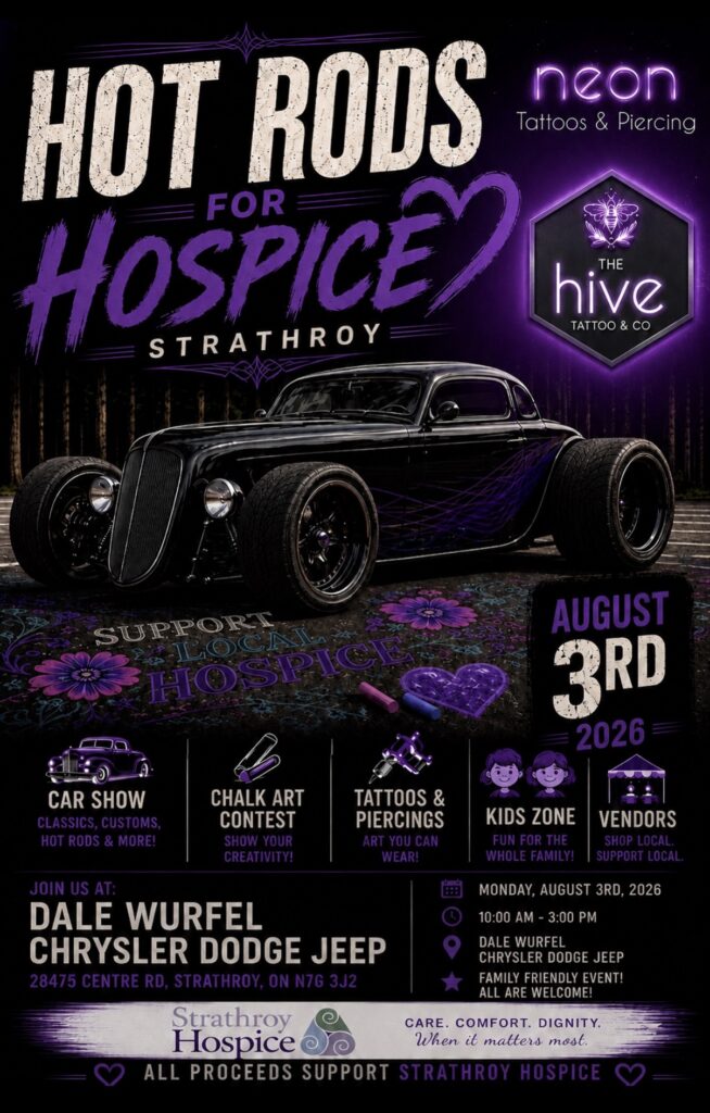 Hot Rods for Hospice Strathroy event at Dale Wurfel Chrysler Dodge Jeep in Strathroy, ON on August 3, 2026