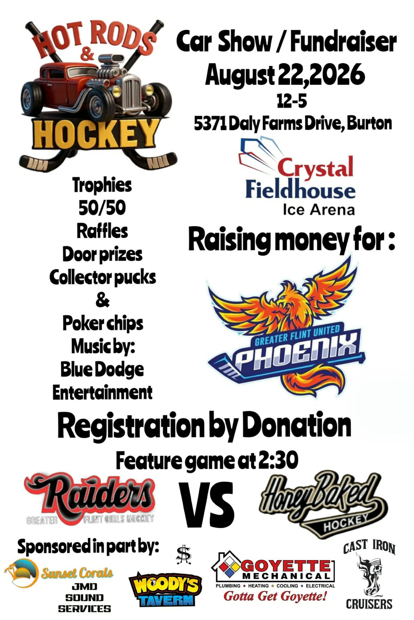 Hot Rods & Hockey Car Show Fundraiser event at Crystal Fieldhouse Ice Arena in Burton, MI on August 22, 2026