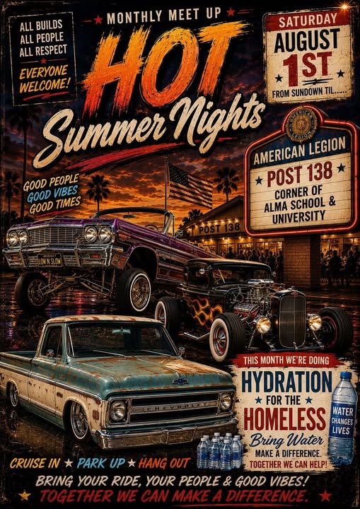 Hot Summer Nights Monthly Meet up event at American Legion Post 138 in Mesa, AZ on August 1, 2026