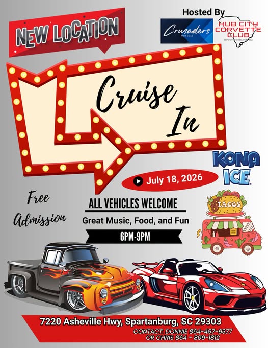 Hub City Corvette Club Cruise In event at 7220 Asheville Hwy in Spartanburg, SC on July 18, 2026