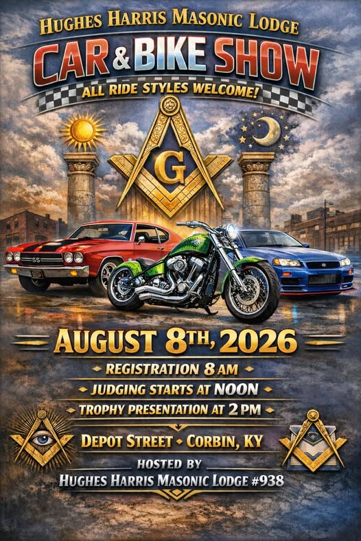 Hughes Harris Masonic Lodge Car & Bike Show event at Depot Street in Corbin, KY on August 8, 2026