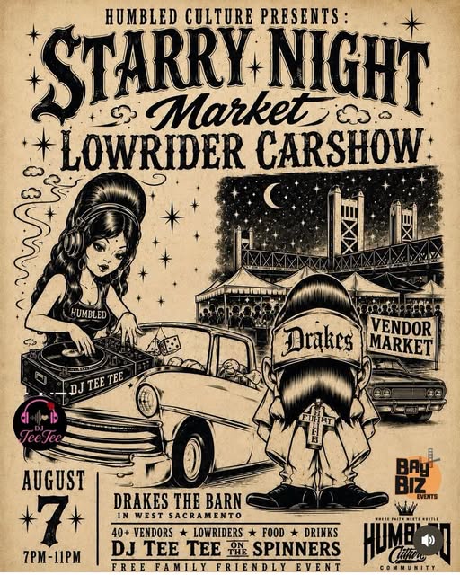 Humbled Culture Starry Night Market Lowrider Car Show event at Drakes the Barn in West Sacramento, CA on August 7, 2026
