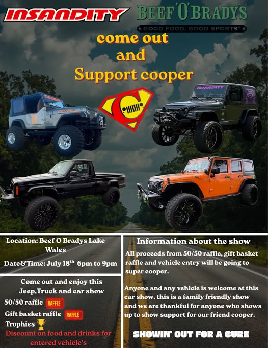 Insanity and Beef O Bradys Support Cooper Car Show event at Beef O Bradys Lake Wales in Lake Wales, FL on July 18, 2026