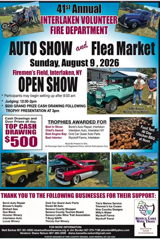 Interlaken Volunteer Fire Department 41st Annual Auto Show and Flea Market event at Firemen's Field in Interlaken, NY on August 9, 2026