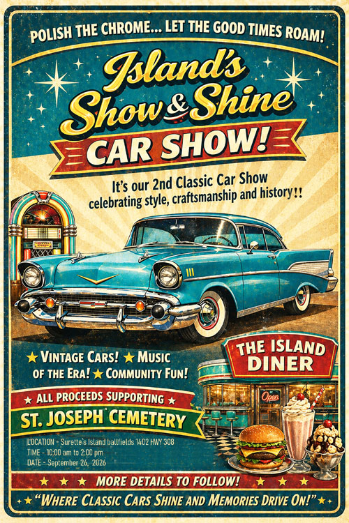 Island's Show & Shine Car Show event at Surette's Island ballfields in Thibodaux, LA on September 26, 2026