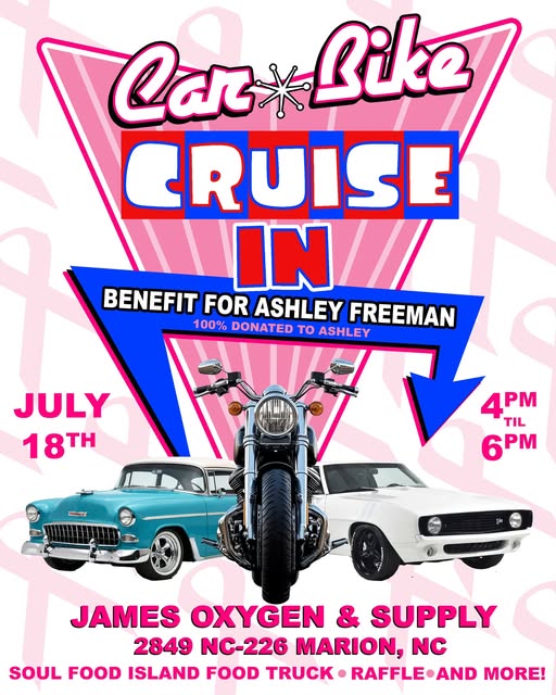 James Oxygen & Supply Car Cruise in Benefit for Ashley Freeman event at James Oxygen & Supply in Marion, NC on July 18, 2026
