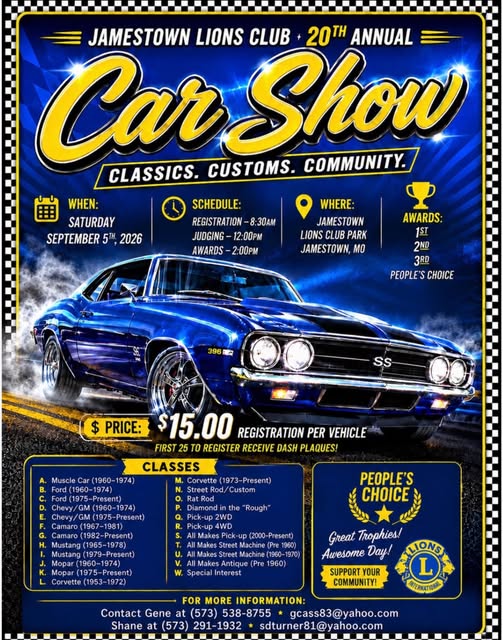Jamestown Lions Club 20th Annual Car Show event at Lions Club Park in Jamestown, MO on September 5, 2026