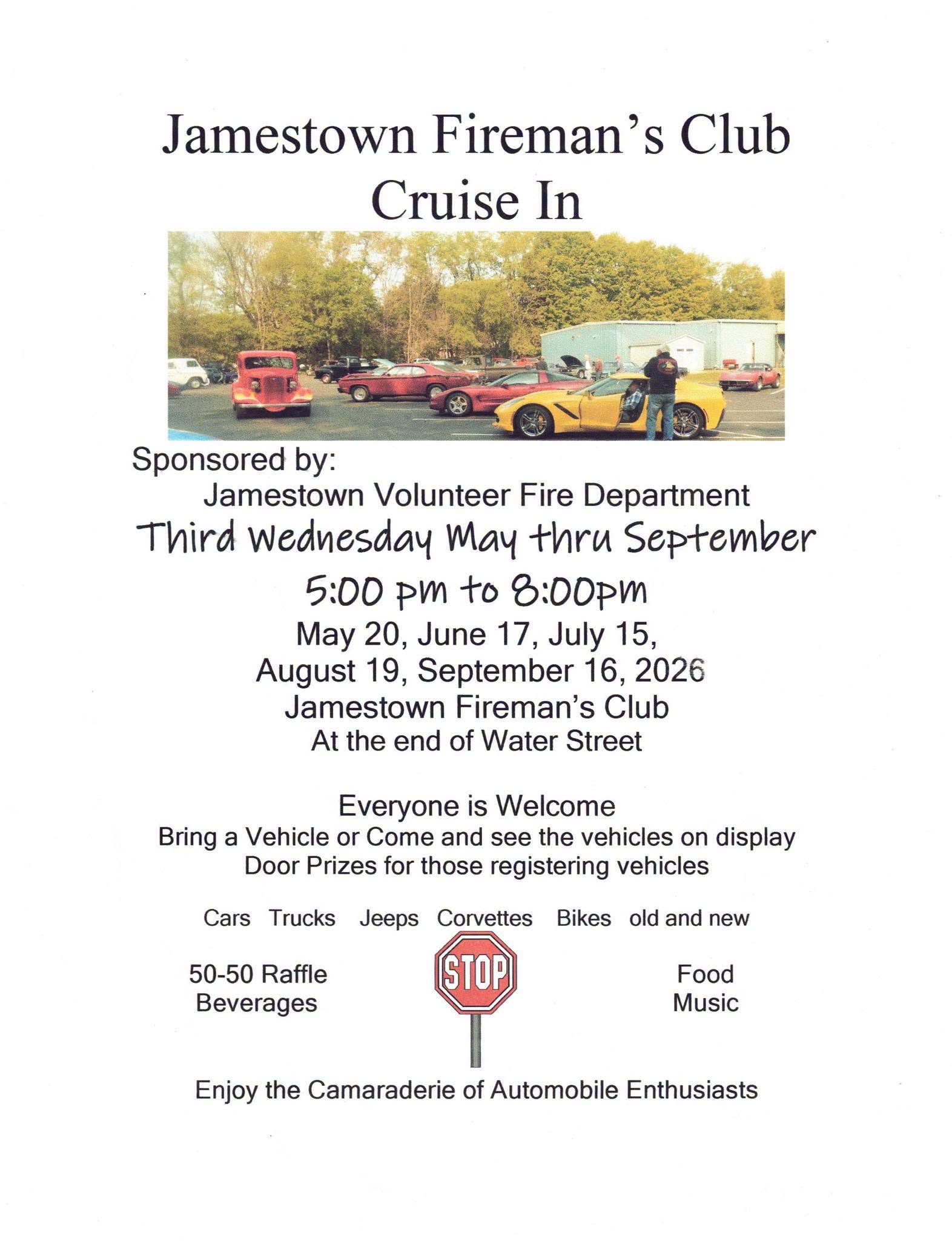Jamestown Volunteer Fire Department Cruise in event at Jamestown Fireman's Club in Jamestown, PA on August 19, 2026