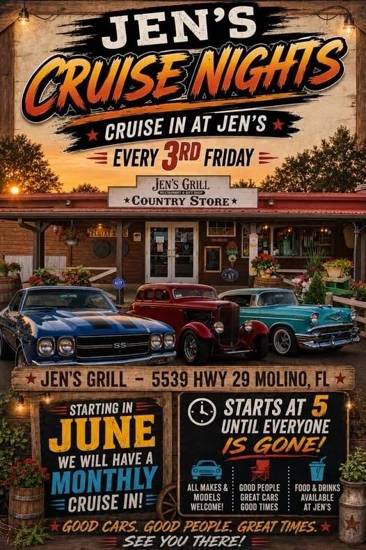 Jen's Grill Cruise Nights event at Jen's Grill in Molino, FL on July 17, 2026