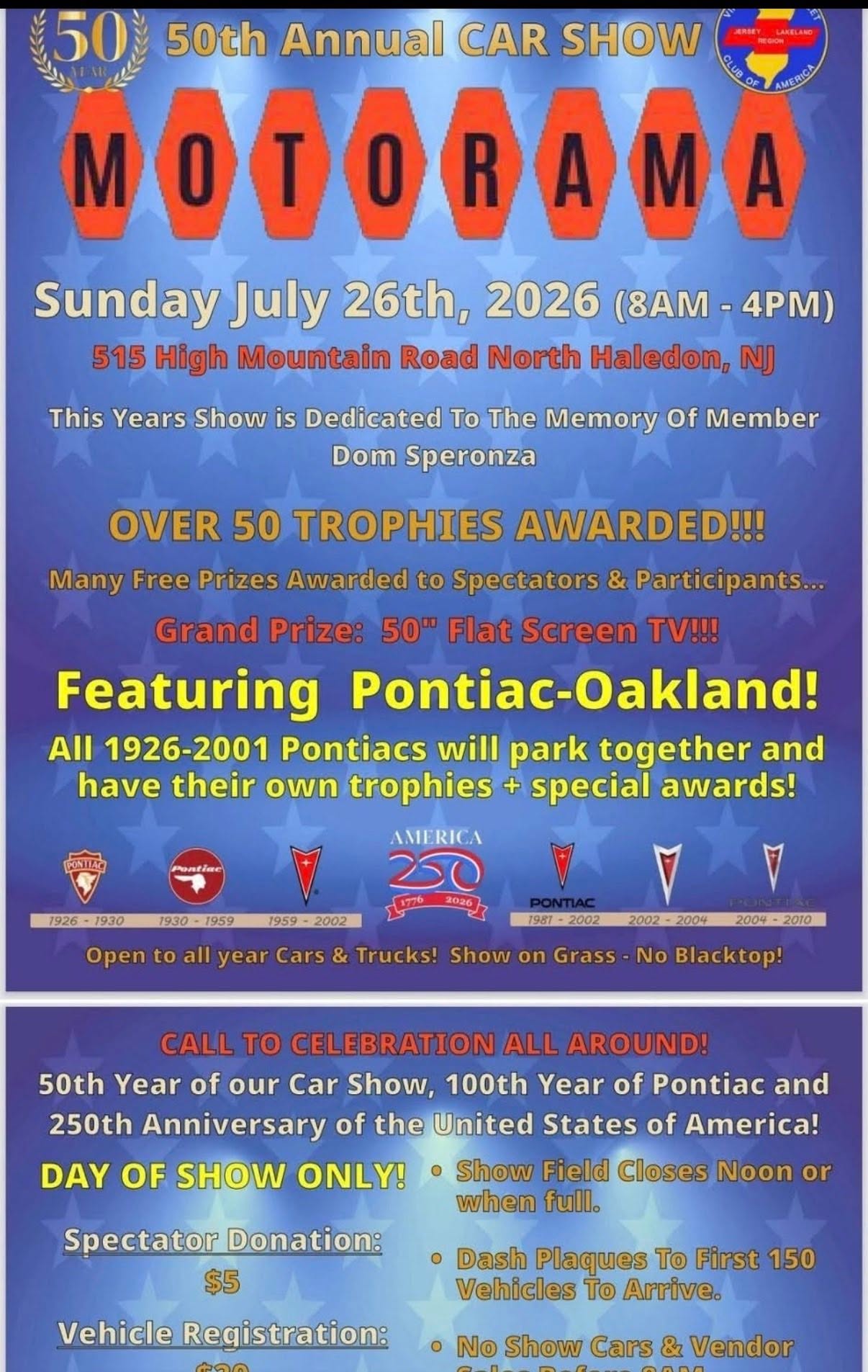 Jersey Region Pontiac-Oakland Club of America 50th Annual Motorama Car Show event at 515 High Mountain Road in North Haledon, NJ on July 26, 2026