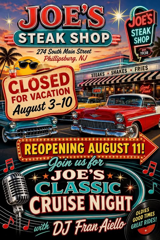 Joe's Classic Cruise Night event at Joe's Steak Shop in Phillipsburg, NJ on August 11, 2026